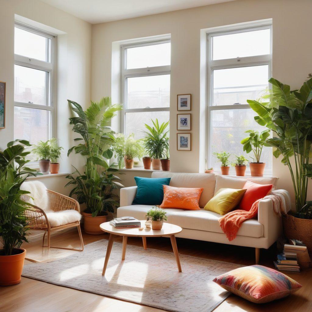 A cozy, sunlit apartment featuring a vibrant living room filled with lush indoor plants, colorful cushions, and soft neutral tones. Include a stylish coffee table with art books and a cup of herbal tea, while sunlight streams through large windows. Show a calming corner with a reading nook featuring a soft chair and a small bookshelf. Emphasize warmth, comfort, and creativity in the space. super-realistic. vibrant colors. soft lighting.