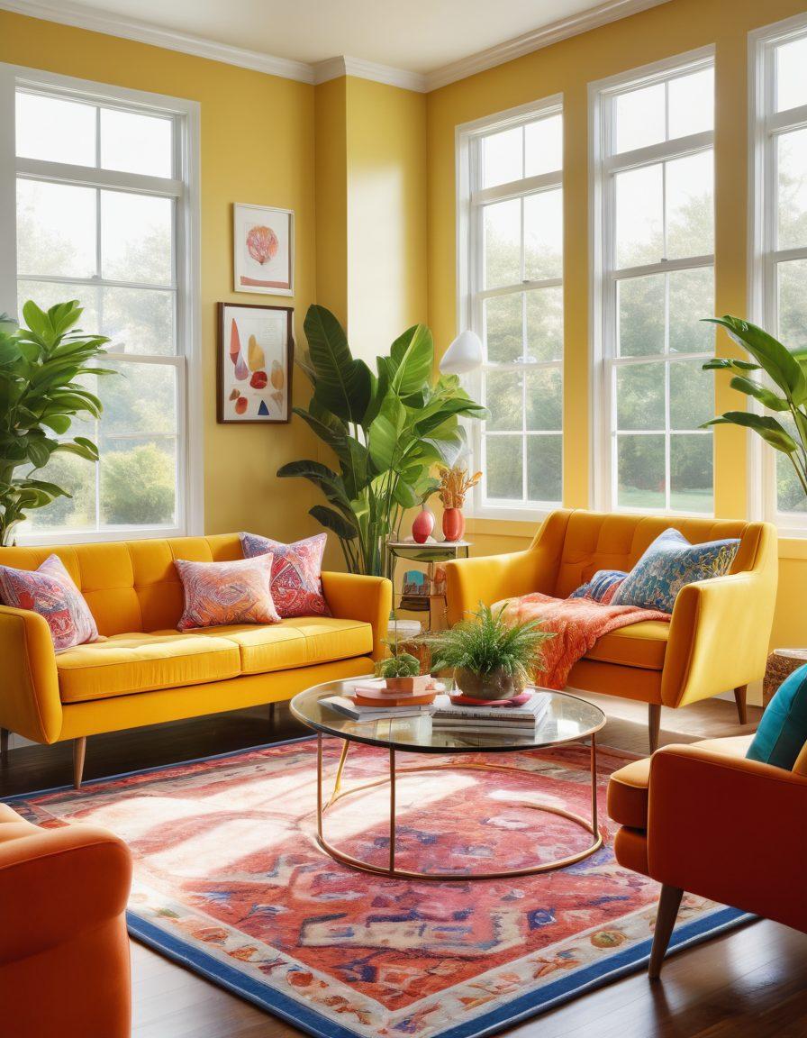 A cozy, sunlit living room featuring bright, colorful furniture, cheerful patterns, playful decor items, and large windows letting in natural light. Include a vibrant indoor plant and a cheerful family enjoying the space together. The atmosphere should evoke happiness and warmth, showcasing a design that promotes joy. super-realistic. vibrant colors. warm tones.