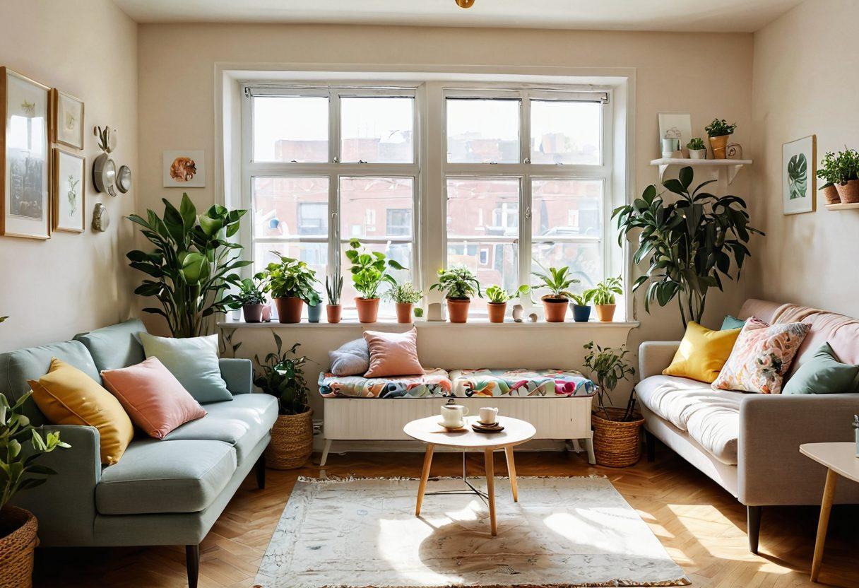 A cozy, well-decorated apartment filled with plants, colorful cushions, and thrifted furniture, showcasing a budget-friendly yet cheerful atmosphere. Sunlight streaming through the windows, creating a warm and inviting space. A small kitchen nook adorned with simple, charming decorations, with someone enjoying a cup of coffee. Soft pastel colors dominate the decor. super-realistic. vibrant colors. natural light.
